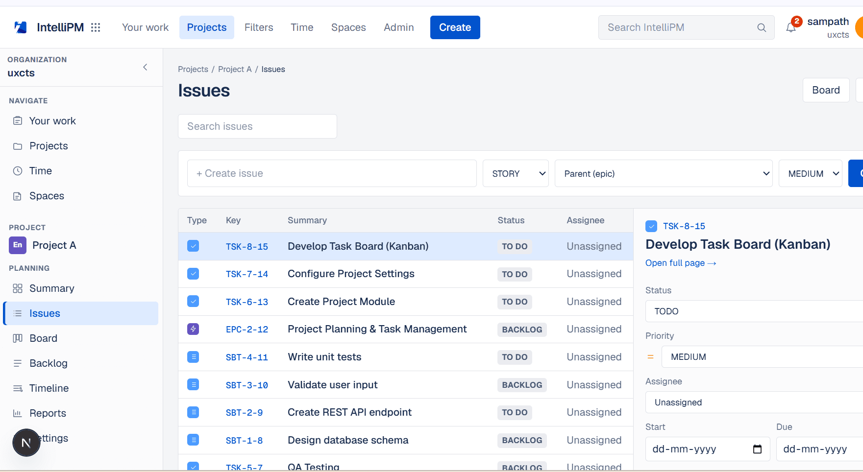 IntelliPM board and issue tracking