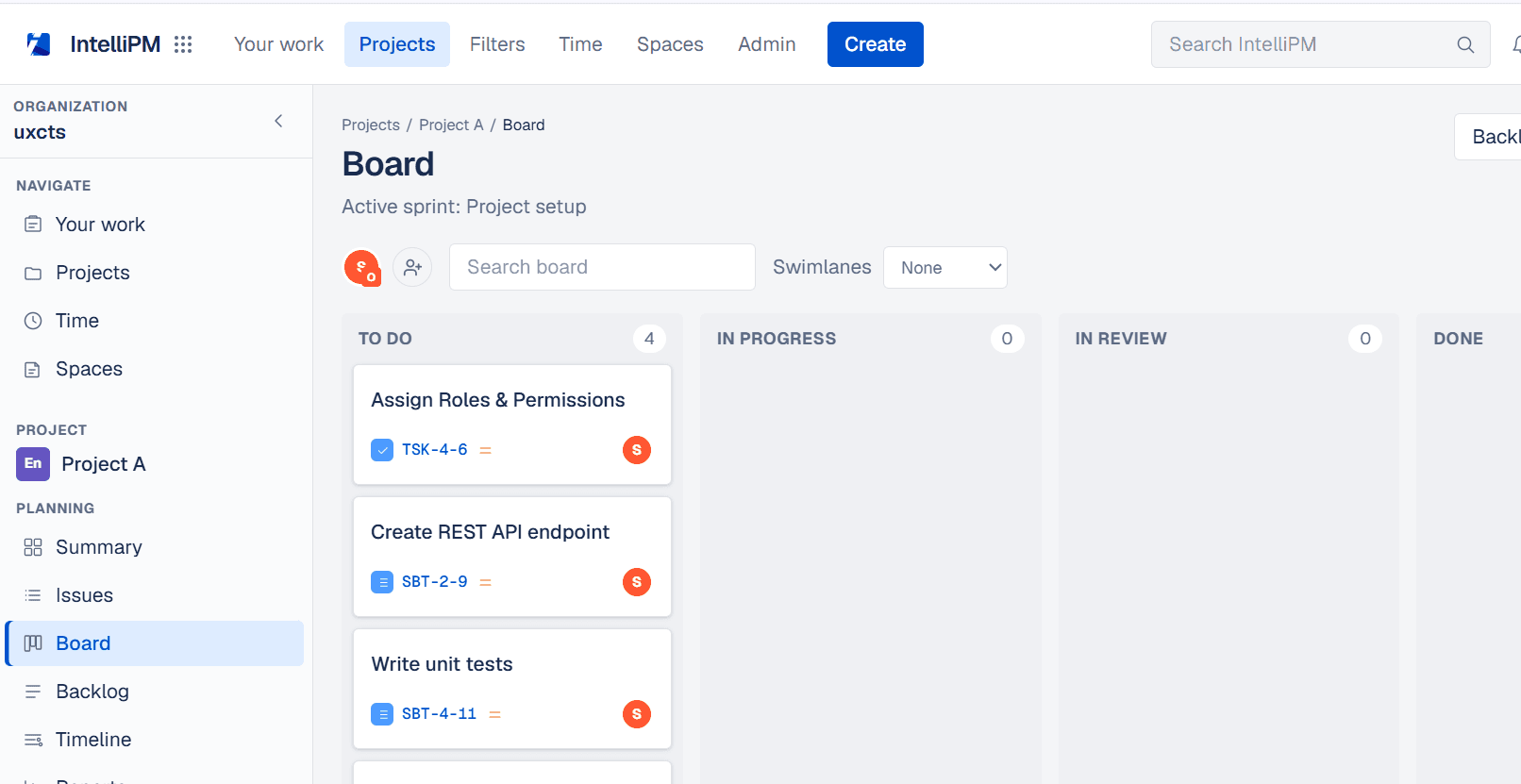 IntelliPM planning and sprint views